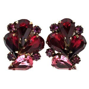 Vintage Pink Red Rhinestone Earrings Clip-On Gold Tone Costume Jewelry